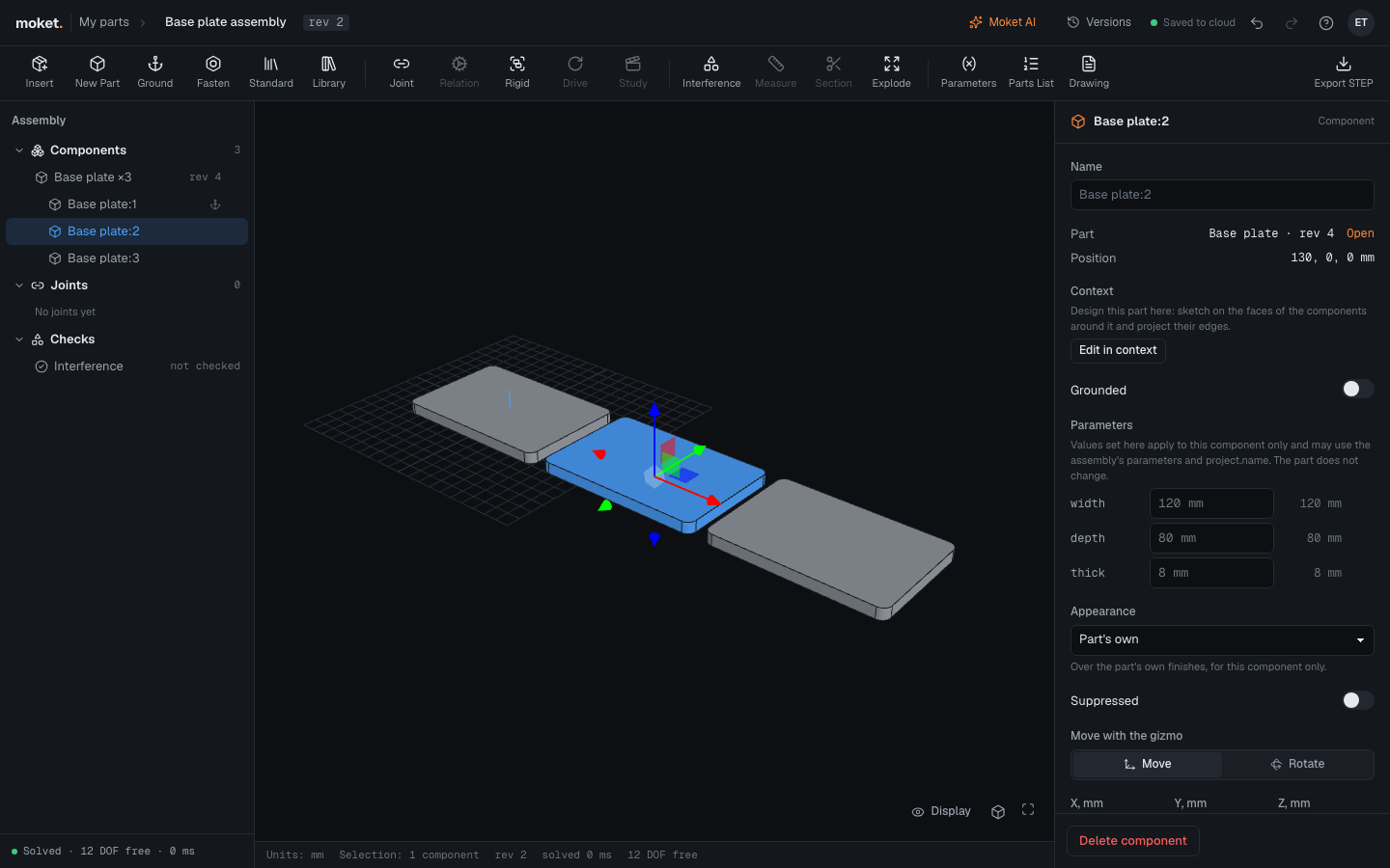 The assembly editor with a plate grounded and two more components inserted