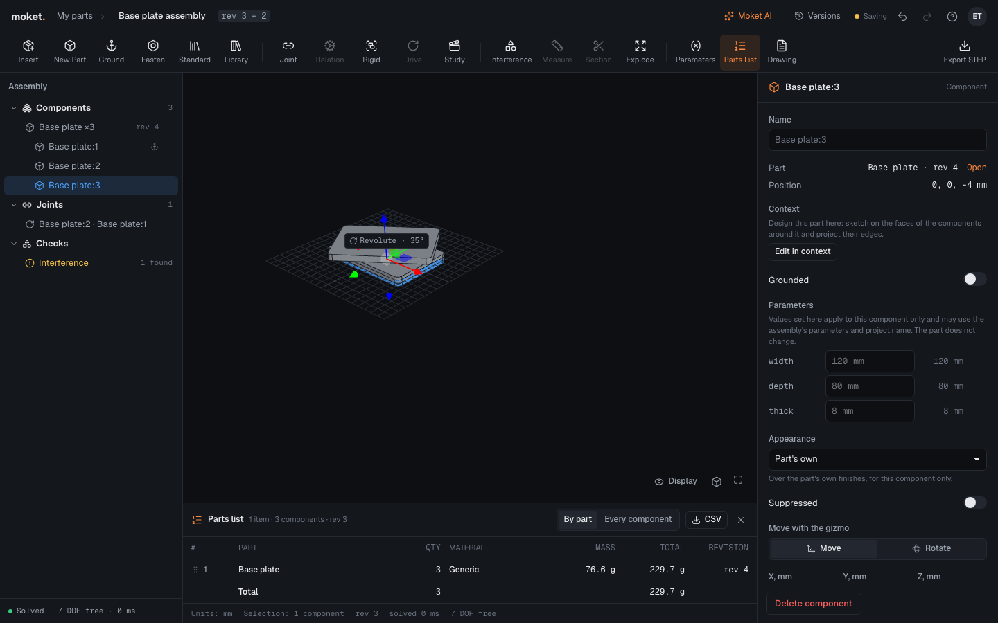 The parts list under the viewport