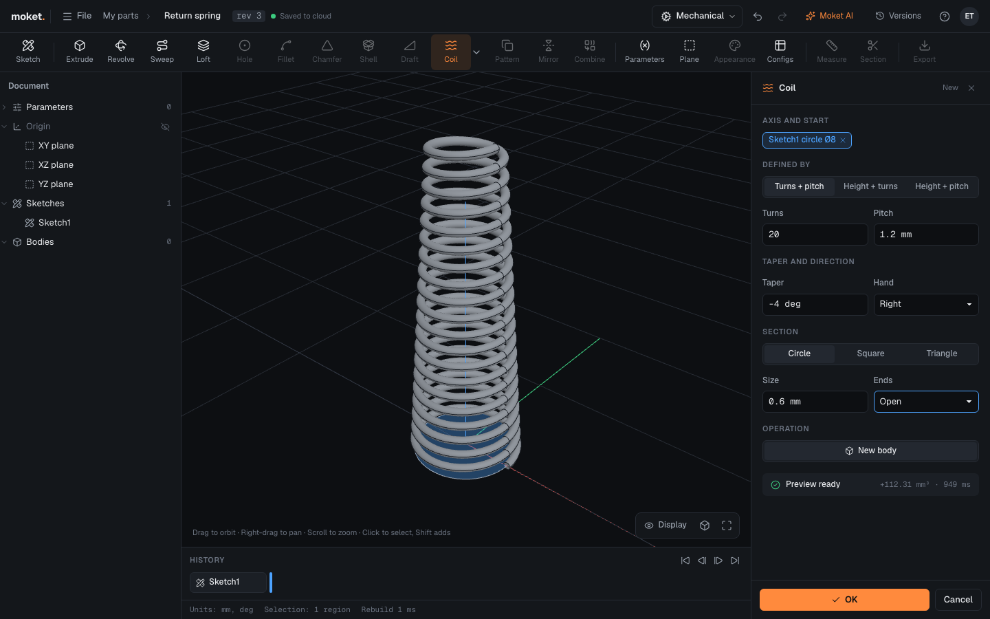 A tapered return spring of 20 turns