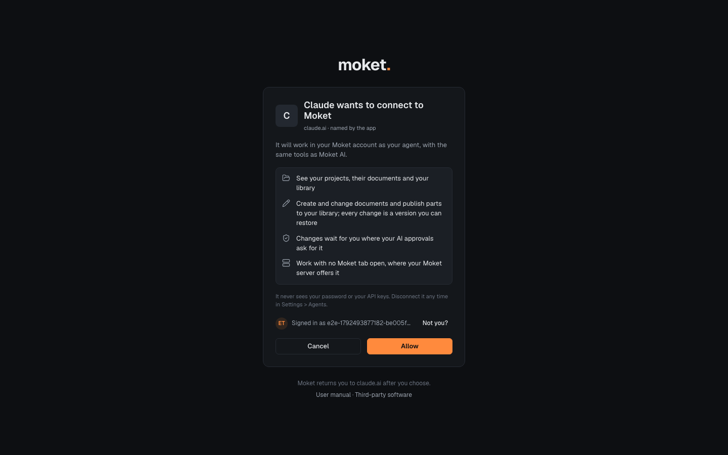 The consent screen of Moket when Claude connects