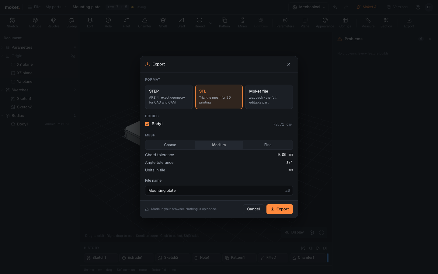The Export dialog