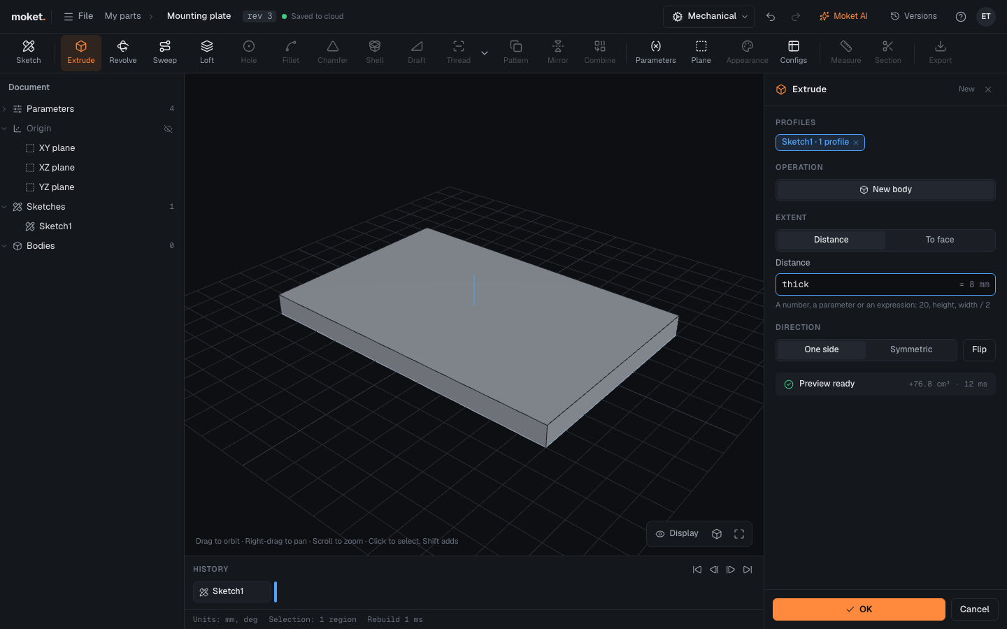 The Extrude dialog with a preview