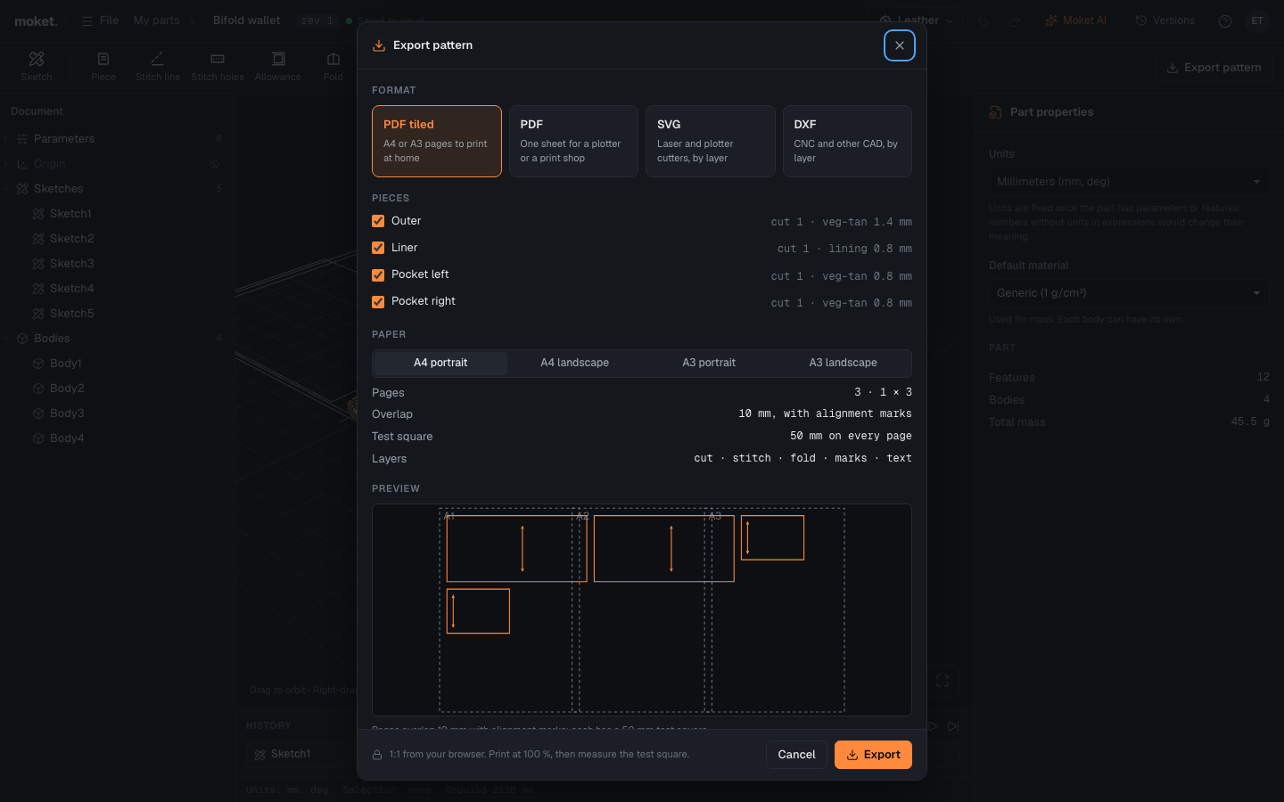 Export pattern: the pieces of a wallet on A4 pages