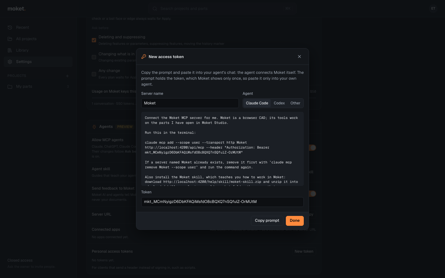 The setup prompt for Claude Code after creating a token