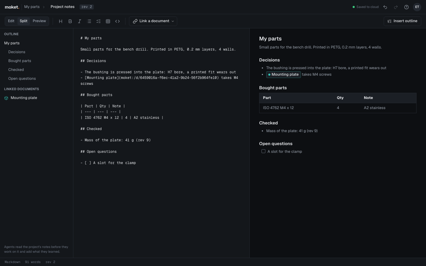 A note with its Markdown on the left and the preview on the right