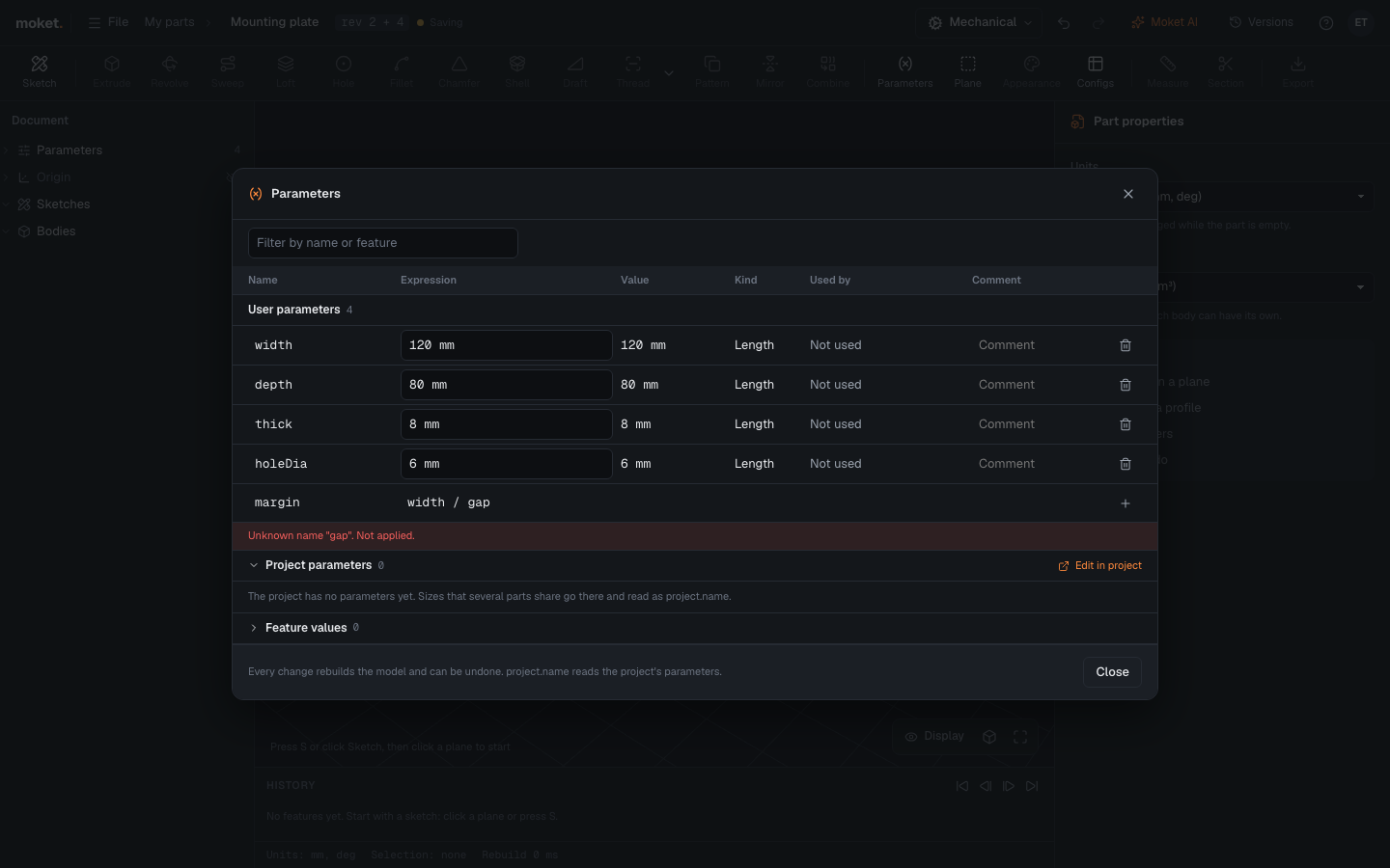 The Parameters dialog
