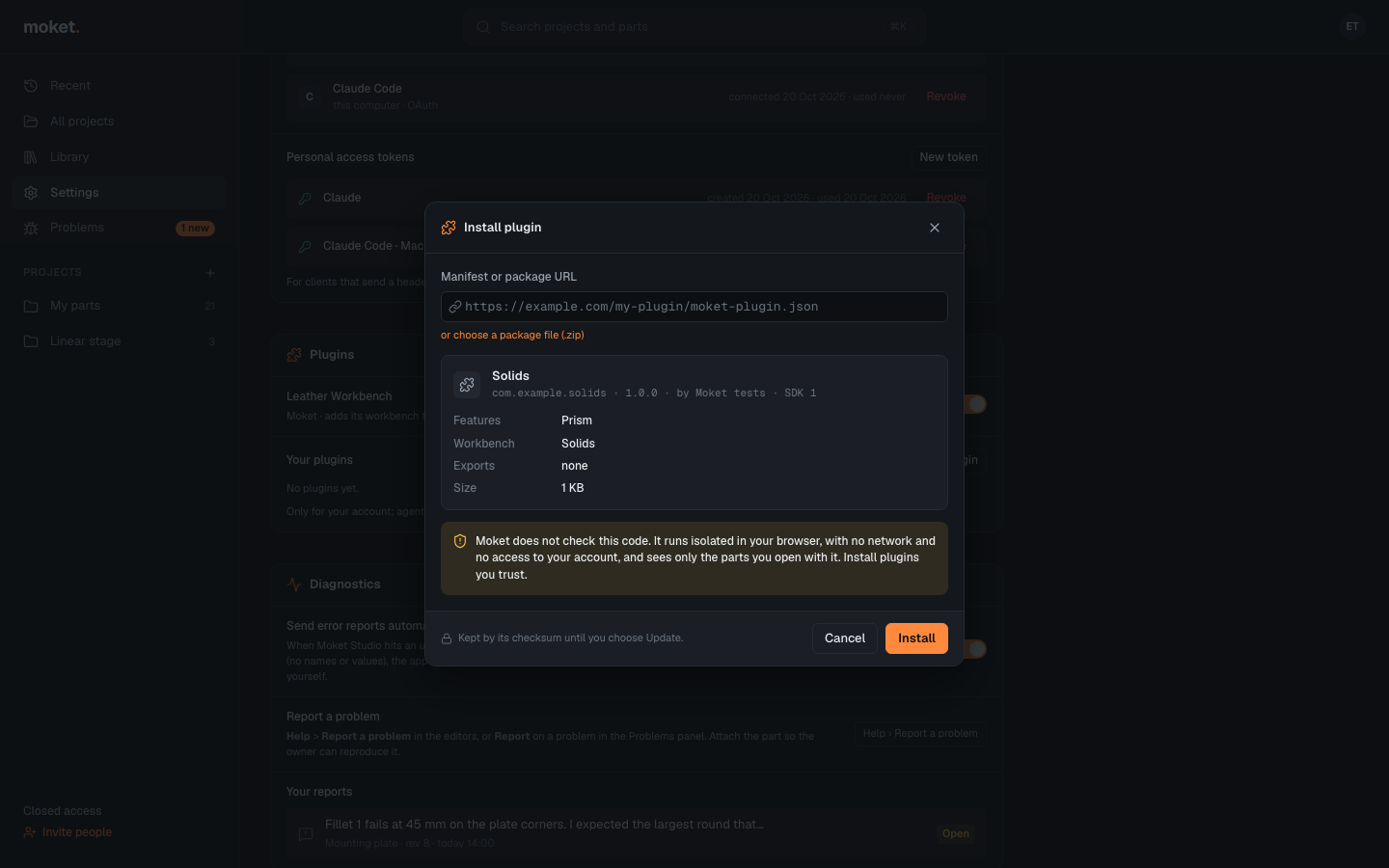 Install plugin with the plugin's features and the warning