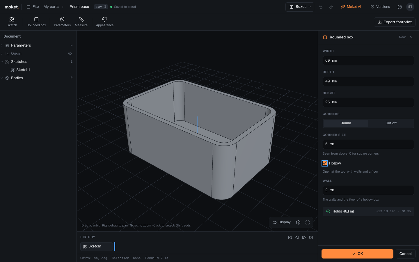 Rounded box in the Boxes workbench, with its dialog made from its params