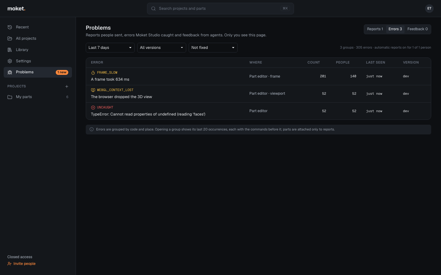 The Errors tab with groups of errors