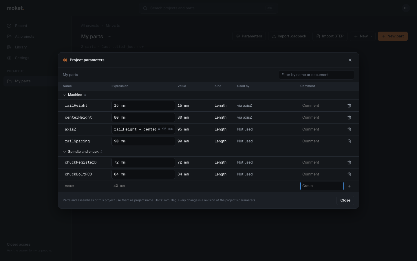 The project's parameters with a change waiting to be applied