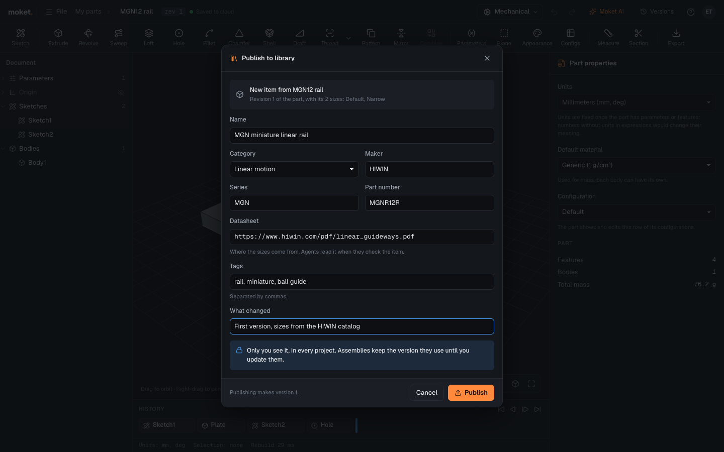 Publish to library with the rail's name, category, maker, series, part number and datasheet