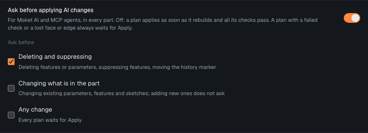 Ask before applying AI changes, on, with Deleting and suppressing checked