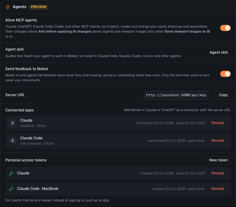 Settings > Agents with two connected apps and a personal access token