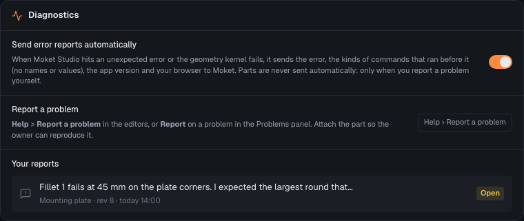 Settings > Diagnostics with automatic error reports and your reports