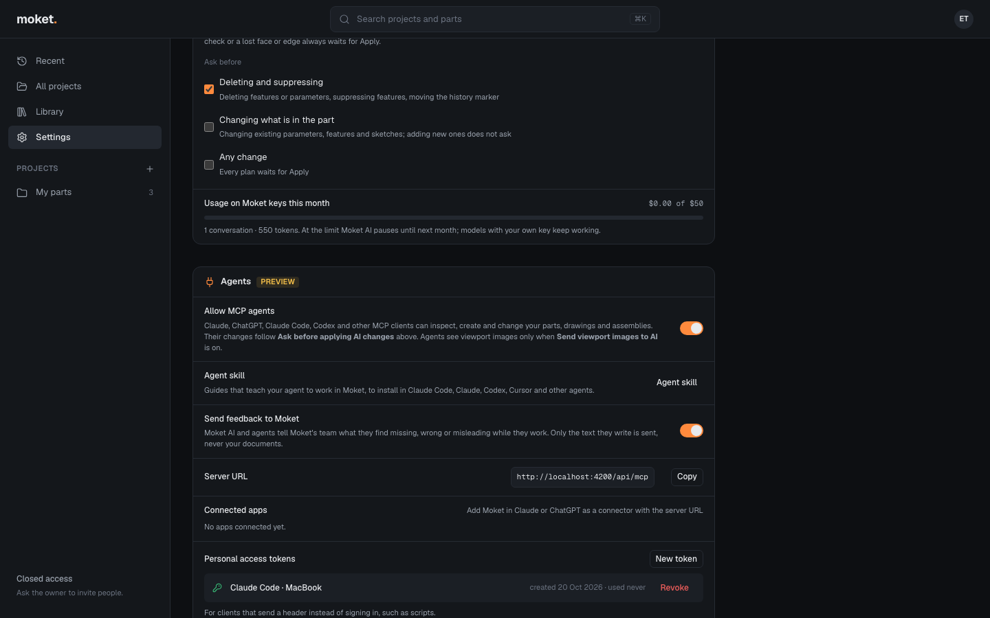 Settings with Moket AI: data, default model, your API keys, approvals and usage, and Agents
