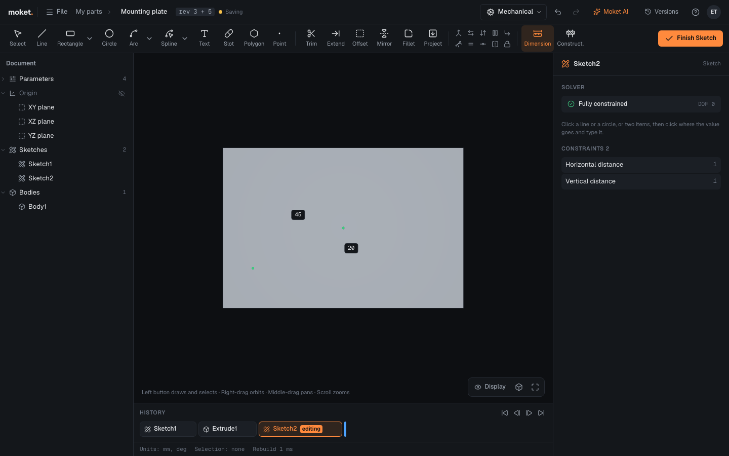 A hole center dimensioned from the origin