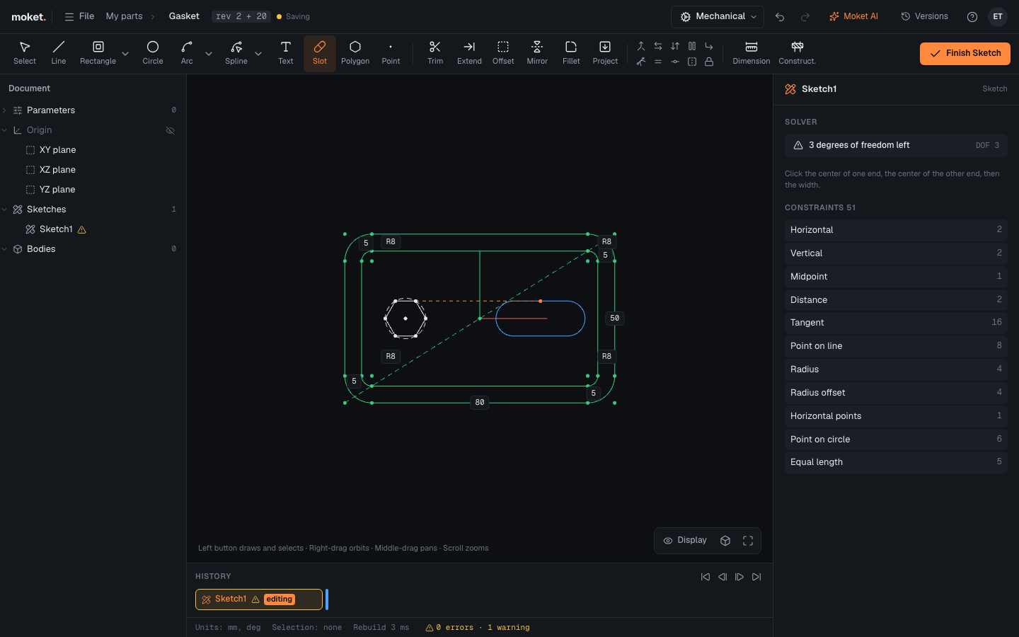 A hexagon and a slot drawn inside a gasket outline