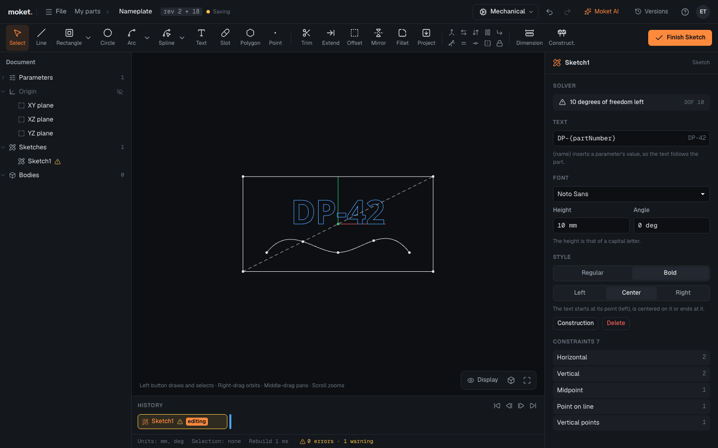 A part number from a parameter above a spline, the Text panel open