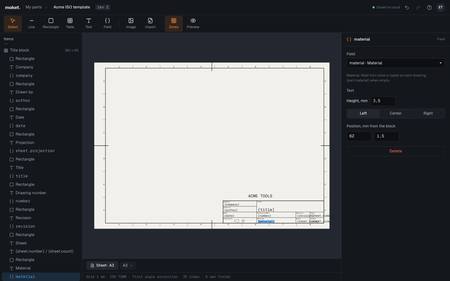 The template editor with a field of the title block selected